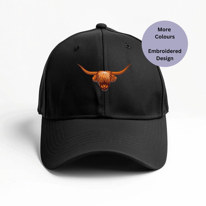 Scottish highland cow head embroidered cap - unisex hat for wholesale by Thread and Needles Co