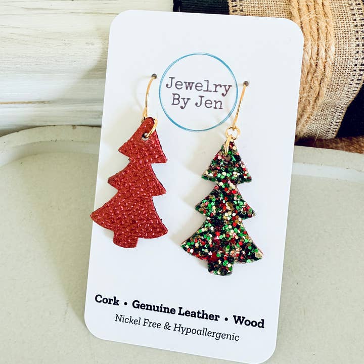 Jewelry By Jen - Wholesale Dangle Earrings - Christmas Tree Earrings: Red, Green and Gold Glitter3