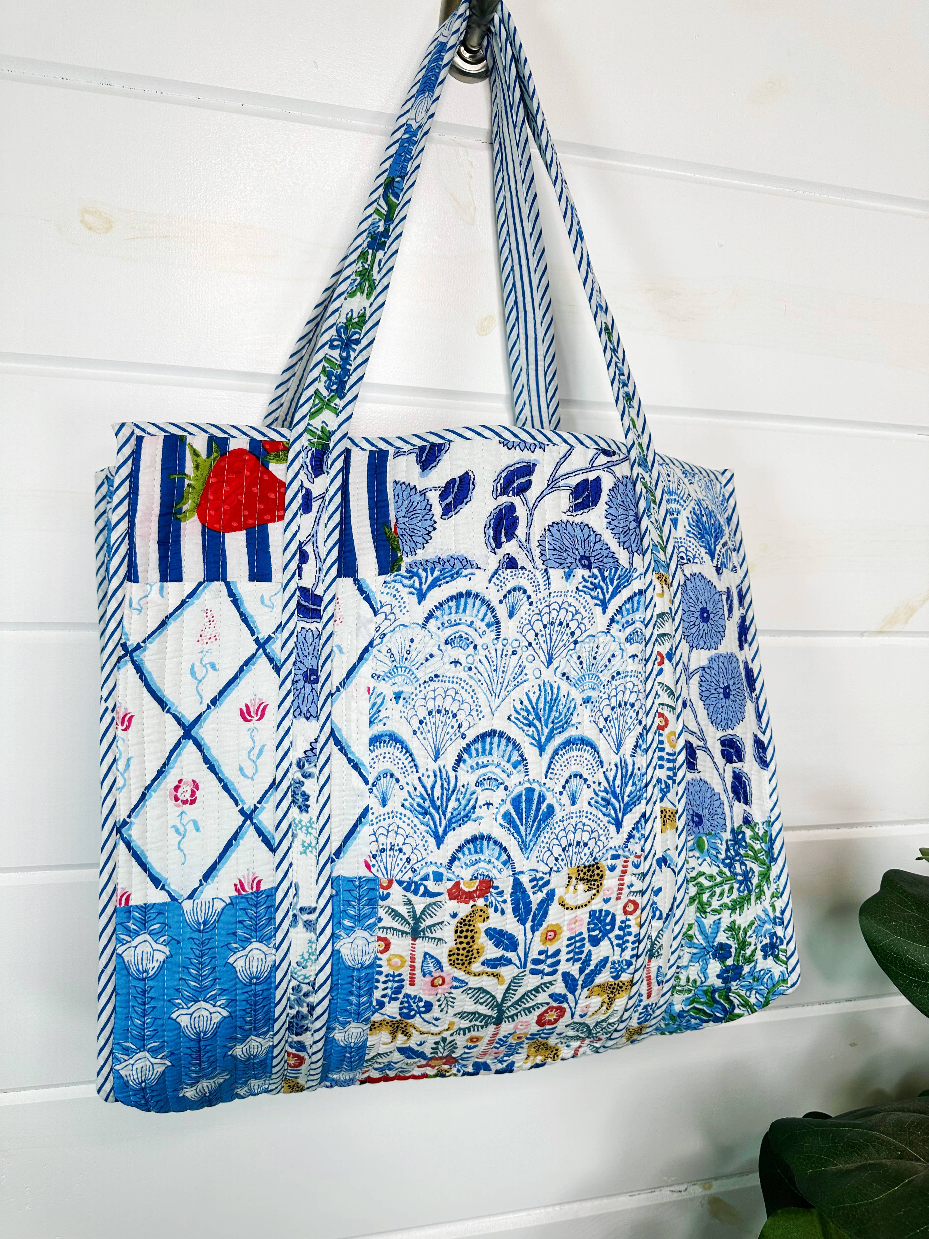 Folklore Couture - Wholesale Tote Bag - Women's - Large Quilted Tote - Handmade, Reversible - Blue Patchwork1