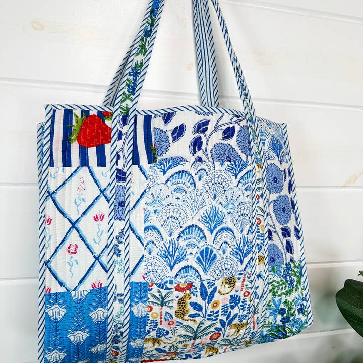 Folklore Couture - Wholesale Tote Bag - Women's - Large Quilted Tote - Handmade, Reversible - Blue Patchwork1