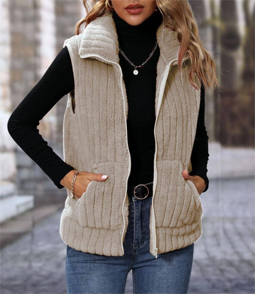 Rosa Clothing - Wholesale Outerwear Vest - Women's - Sherpa plush fleece zip outerwear vest0