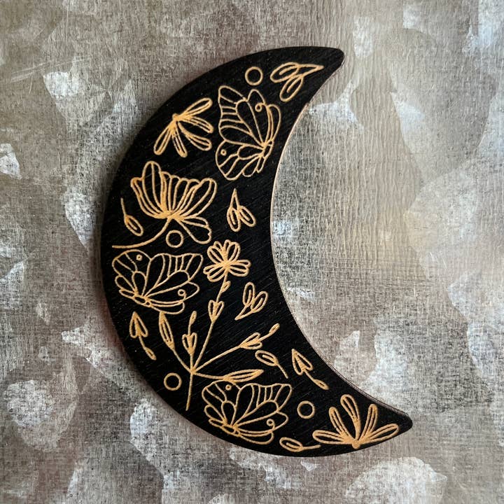 Floral Crescent Moon Wood Magnet for wholesale by Blaze Design Co.