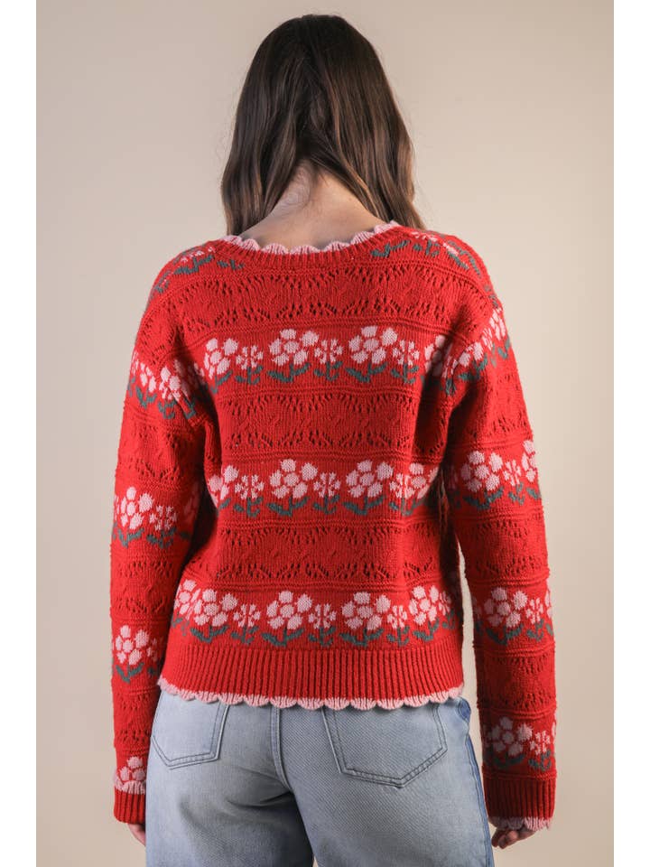 VERY J - Wholesale Cardigan - Women's - 12W3524N-Floral Graphic Detail Knit Sweater Cardigan10