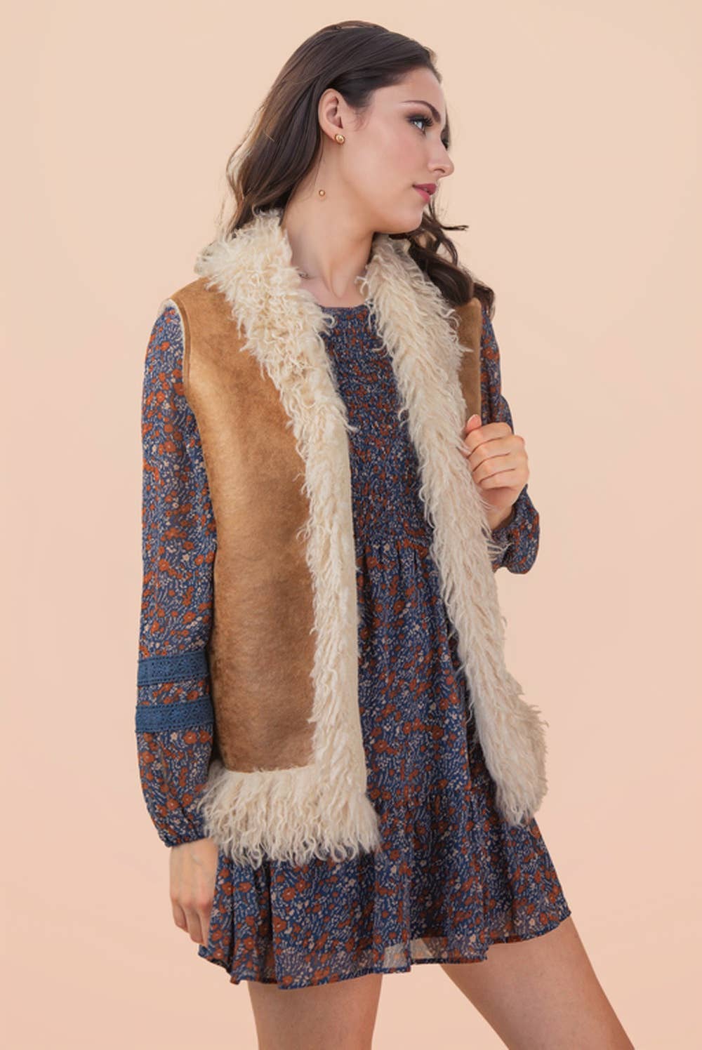 VERY J - Vente Veste sans manches – femme - NJ90398-Gilet Bohème en Suédine Sherpa avec Fausse Fourrure12