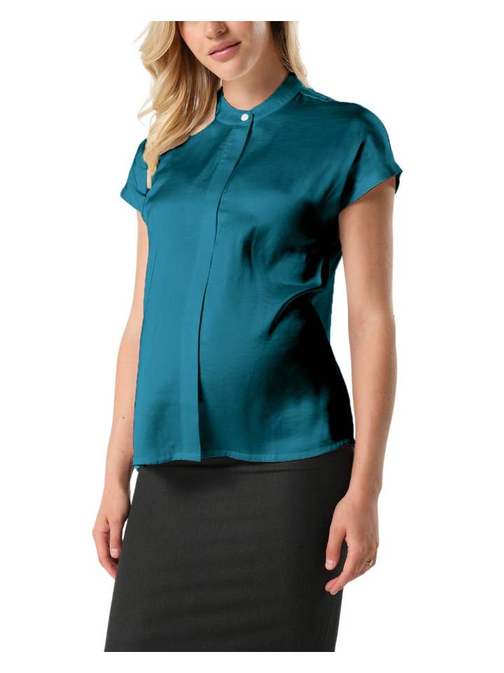 MARION – wholesale Blouse – Women’s – Short Sleeve Satin Maternity Shell Top with Concealed Nursing Zip - Peacock