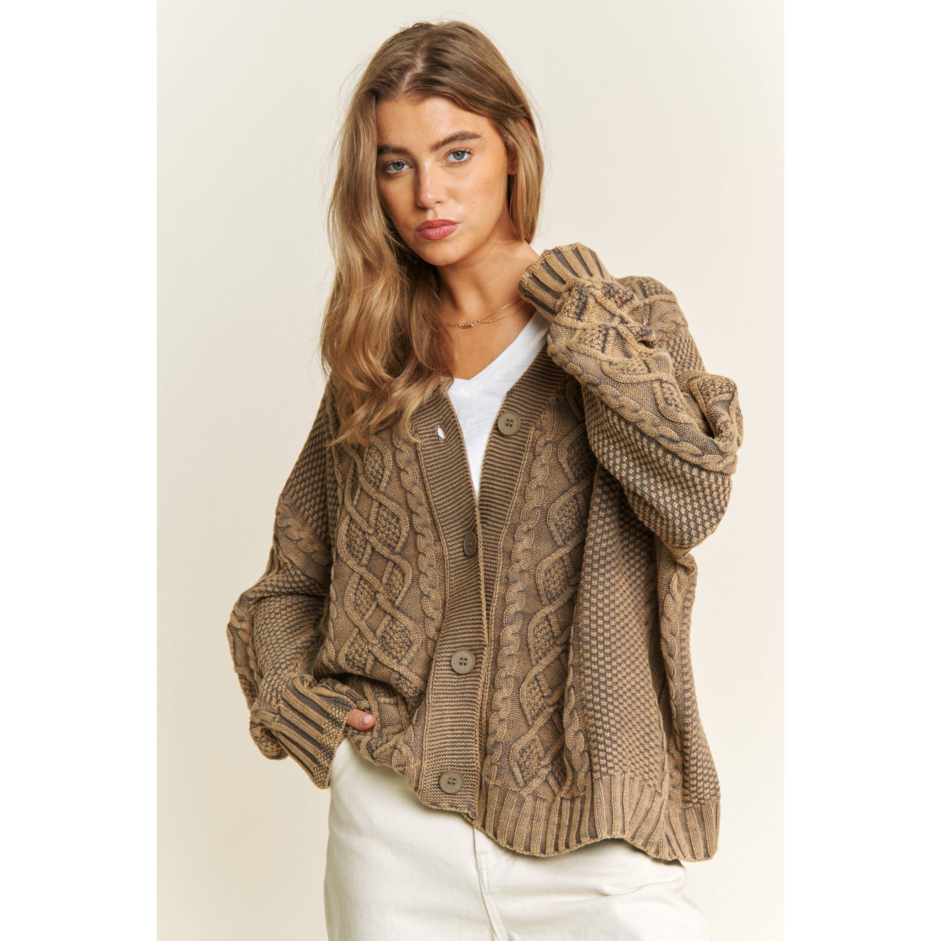 Sweet Generis - Wholesale Cardigan - Women's - WASHED VINTAGE CABLE KNIT CARDIGAN1