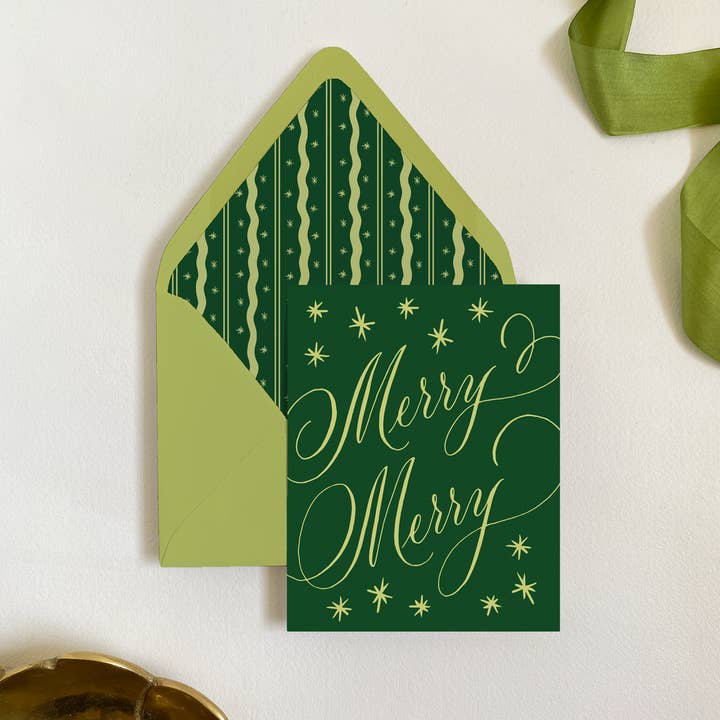 Merry Merry Greeting Card Set, Chartreuse and Forest- Single for wholesale by Gloster Road Co.