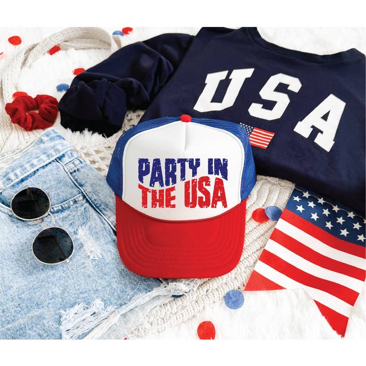 Southern Attitude Designs Inc - Wholesale Trucker Hat - Women's - Party in the USA DTF Printed Red White And Blue Trucker Hat