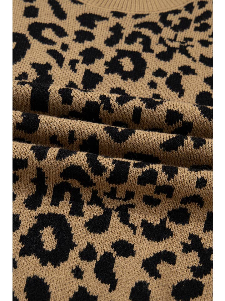 Beige francese chiaro Maglione girocollo a coste con spalle scese e bordo a coste leopardato in vendita all'ingrosso su Faire6