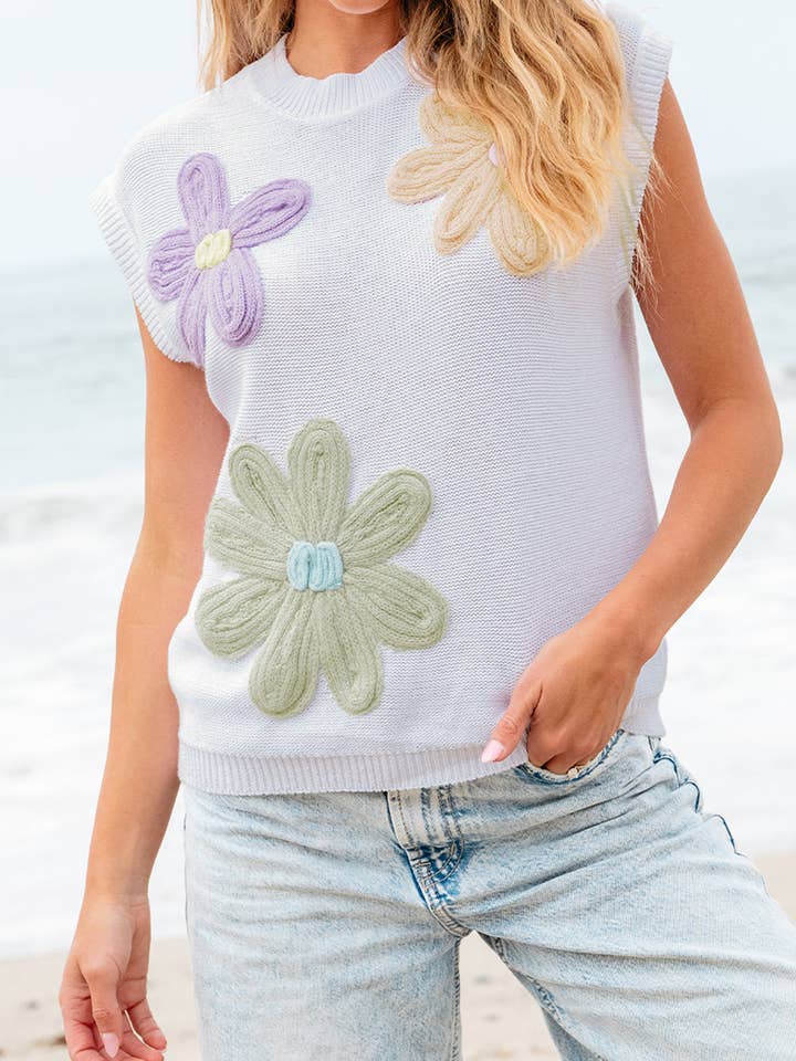 Hannah Crochet Flower Knit Short Sleeve Sweater Top for wholesale by Threaded Pear