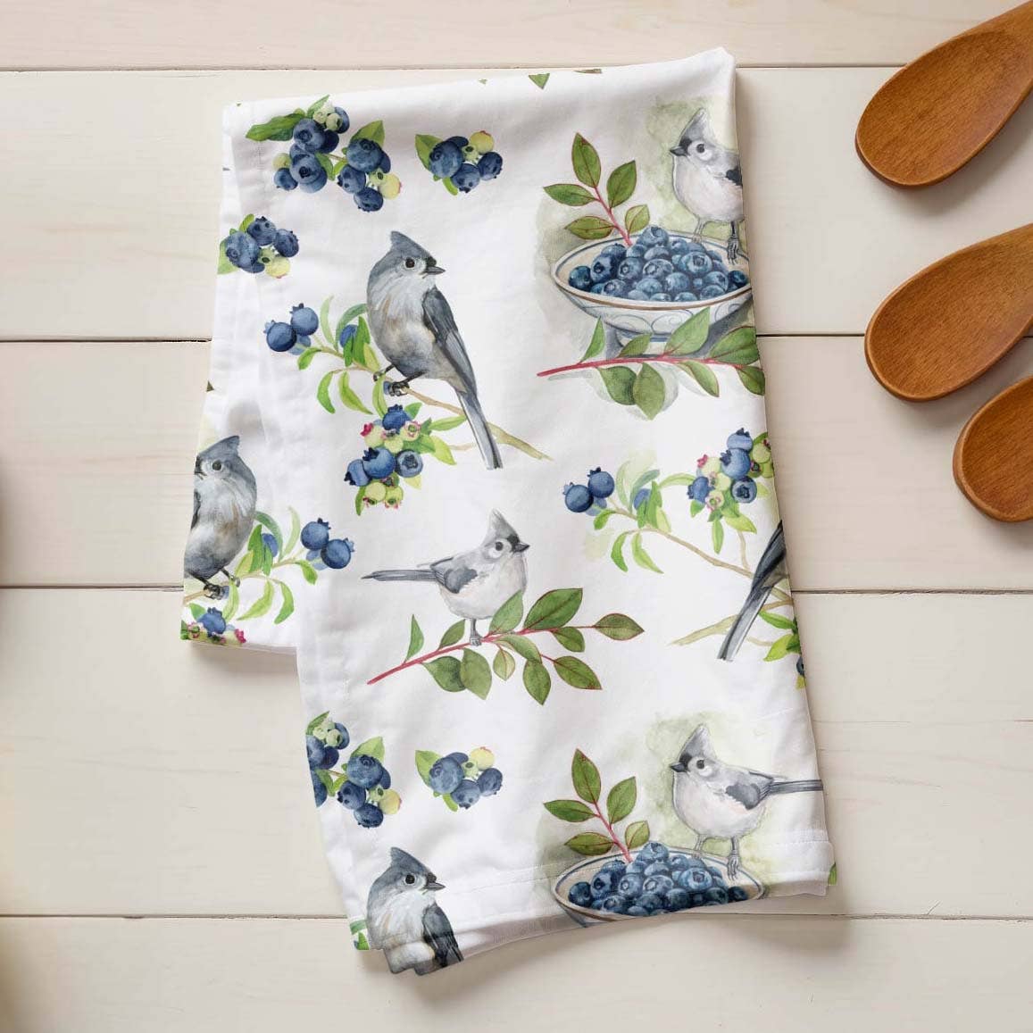 Kasey Melissa Art – wholesale Tea towel – Tufted Titmouse and Blueberries - Linen Tea Towel3