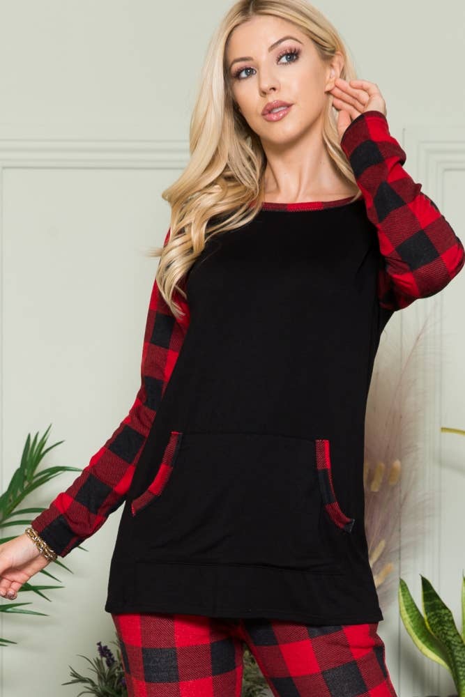 Celeste Clothing - Wholesale Knit Top - Women's - CT43591-SOLID TOP WITH PLAID CONTRAST SLEEVE3