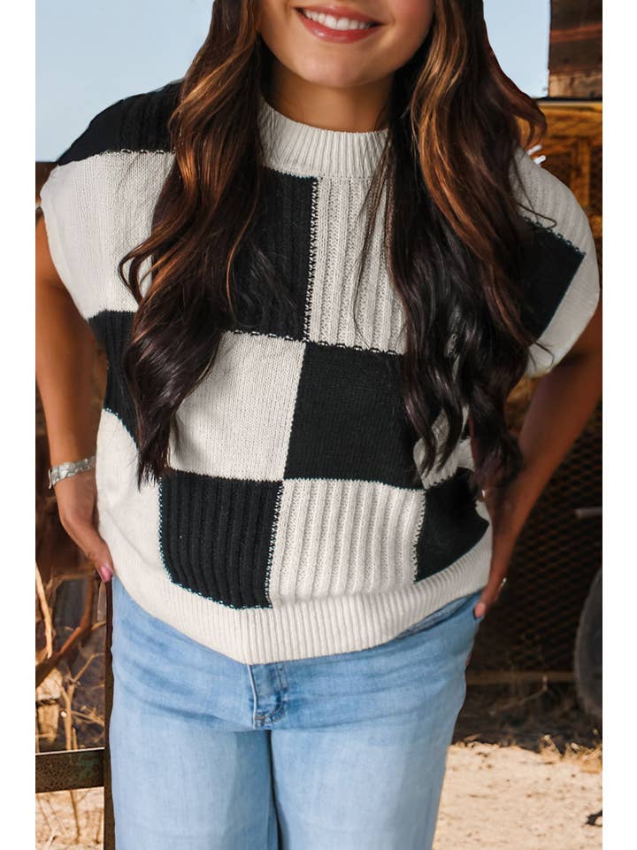 fashionworks - Wholesale Knit Sweater - Women's - Fashion-W Checkered Colorblock Short Sleeve Sweater6