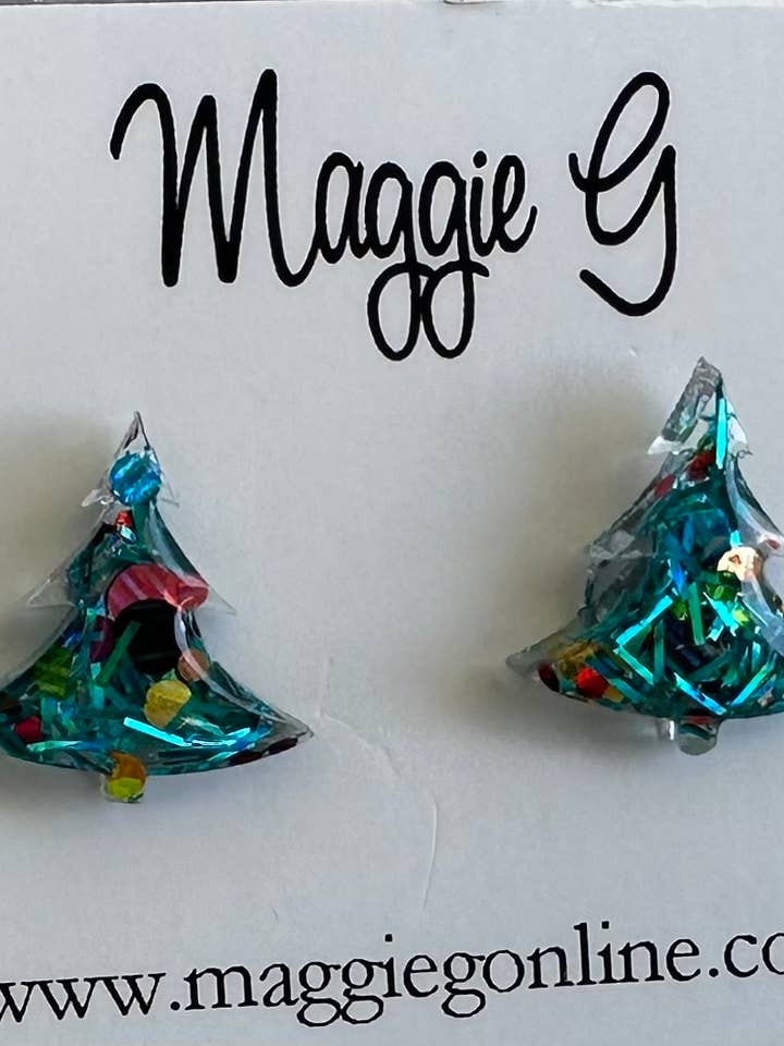 Christmas Tree Post Earring (Teal Tinsel) for wholesale by Maggie G