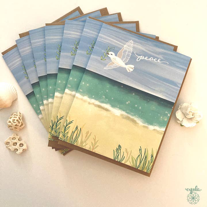 BOX of 8 Peace Beach Card - holiday cards ocean seaside set for wholesale by Cynla