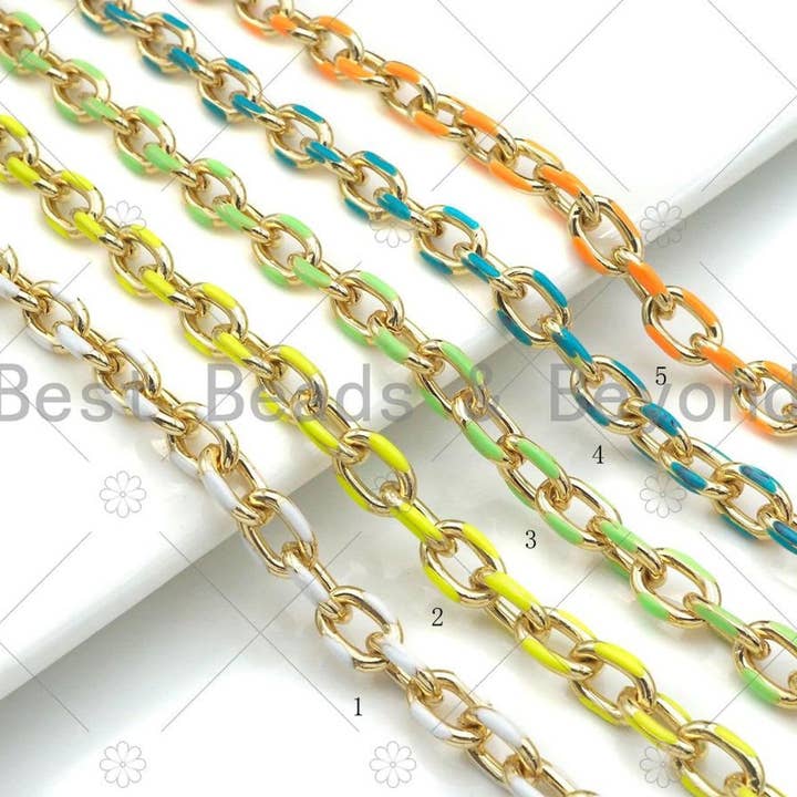 BestBeads&Beyond - Wholesale Link & Chain Necklace - High Quality Colorful Enamel Oval Link Chain by Yard, Gold Enamel Chunky Oval Link Chain, Enamel Statment Chain, 7x11mm, sku#M3321