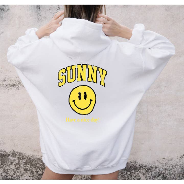 SUNNY SMILEY FACE Graphic Unisex Fleece Hooded Sweatshirt for wholesale by Shamaim
