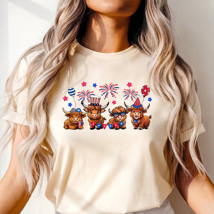 Maglietta grafica per il 4 luglio con mucche USA per la vendita all'ingrosso da parte di Happy Mail Wholesale