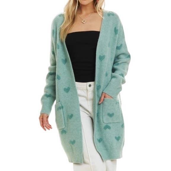 LONG SLEEVE HEART PRINT SWEATER CARDIGAN for wholesale by Blue Bunny Inc