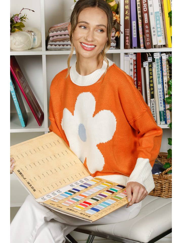 Vine & Love - Wholesale Knit Sweater - Women's - Crew Neck Long Sleeve Flower Printed Knitted Sweater VT82542