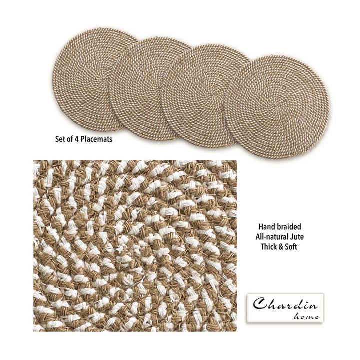 chardin home – Großhandel Platzdeckchen – Set aus 4 handgeflochtenen Tischsets aus Jute und Baumwolle, 33 cm, Weiß5