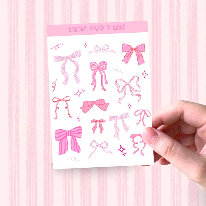 Coquette Bows Sticker Sheet, Pink Bows Journal Stickers for wholesale by Cotswold Transfers