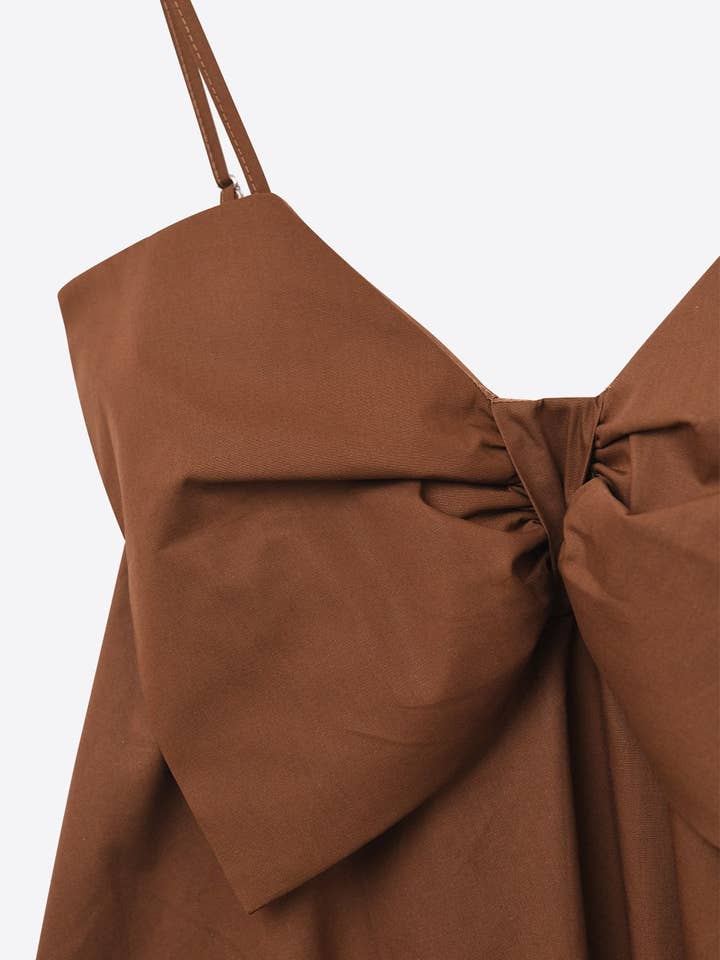 Brown poplin mini dress with a big bow detail for wholesale on Faire8