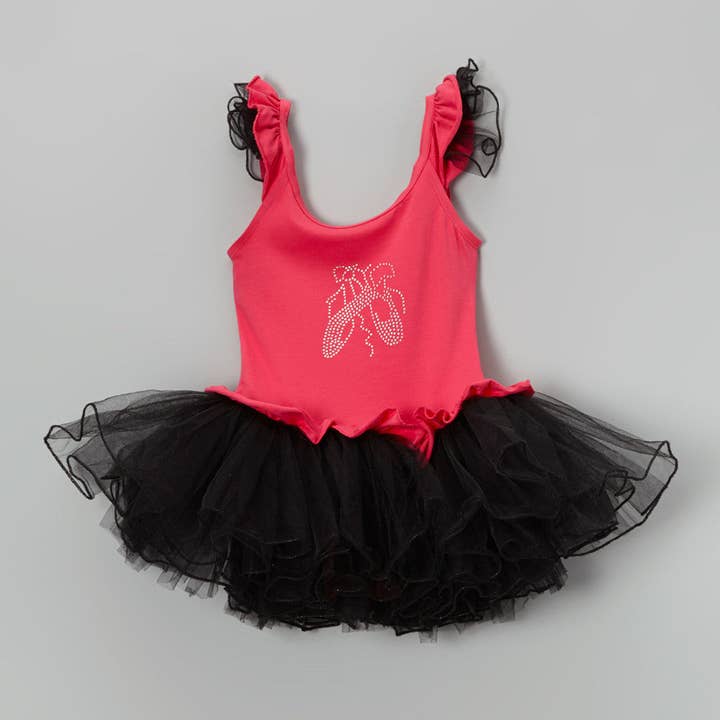 Wenchoice – wholesale Tutu - Barn – Ballerinaskor i hetrosa Ballerinaklänning med fastsatt svart tyllkjol