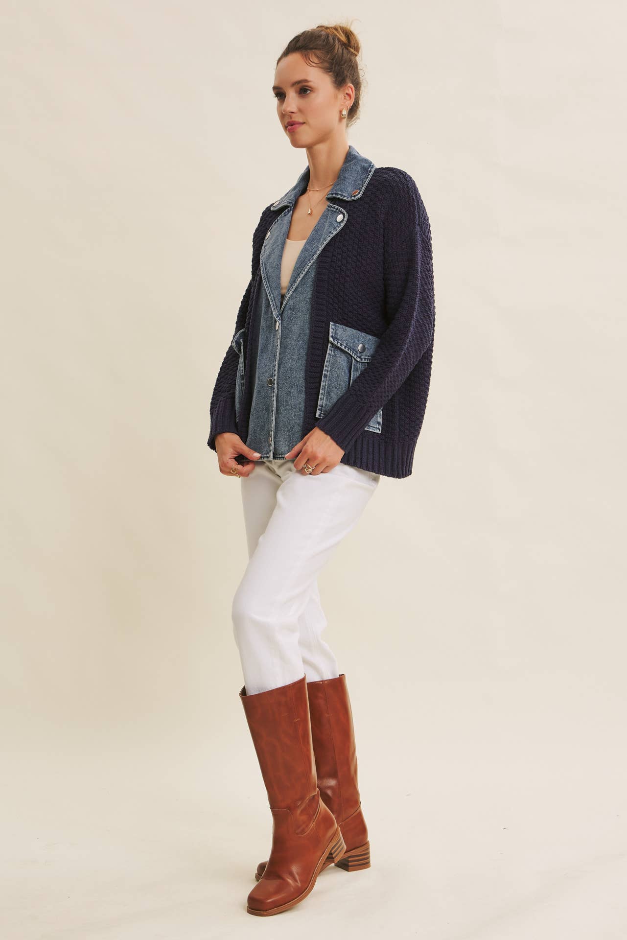 in february - Wholesale Cardigan - Women's - WASHED DENIM AND SWEATER MIXED OVERSIZED CARDIGAN10