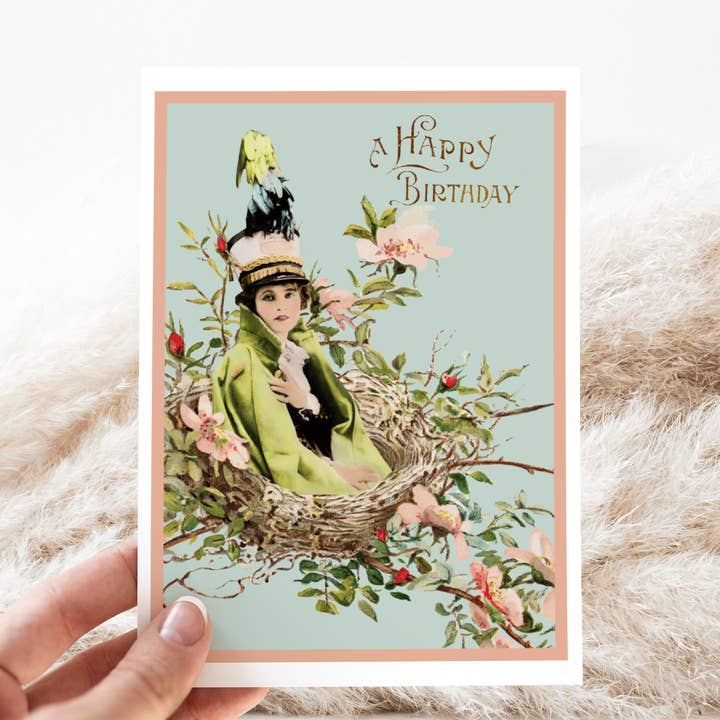 Cheerful Whimsies - Wholesale Birthday Card - Greeting Card. Happy Birthday! Vintage Girl In Nest.2