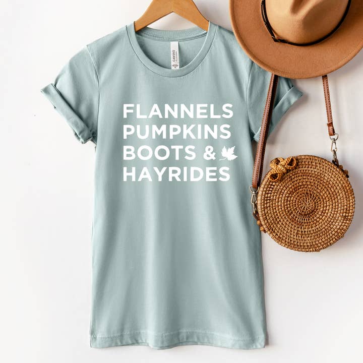 Zoe Creative Co - Vendita all'ingrosso Maglietta serigrafata - Donna - Flannels Pumpkins Boots Hayrides T-Shirt Autunno Camicia Ottobre11