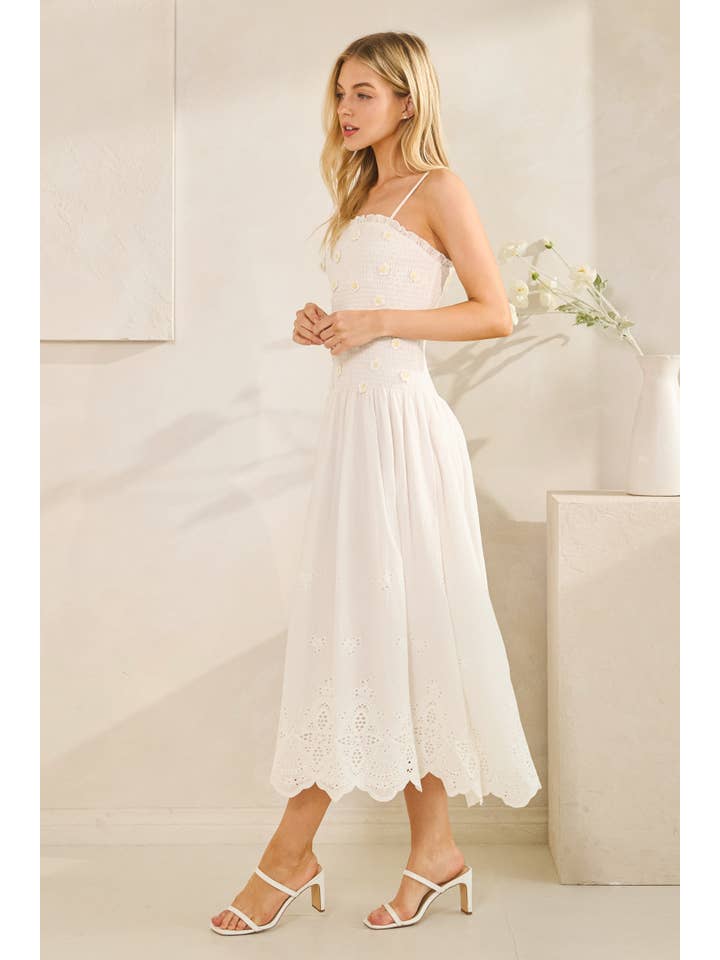 White NEGRIL FLOWER SMOCKING EYELET DRESS (ST#FSWD5315) for wholesale on Faire8