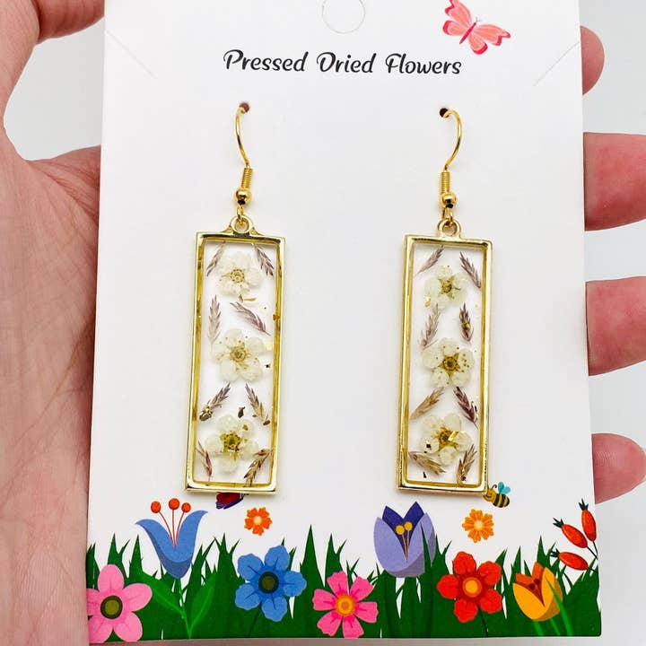 Mio Queena - Wholesale Dangle Earrings - Daffodil Genuine Pressed Dried Flower Cuboid Earrings - PDF