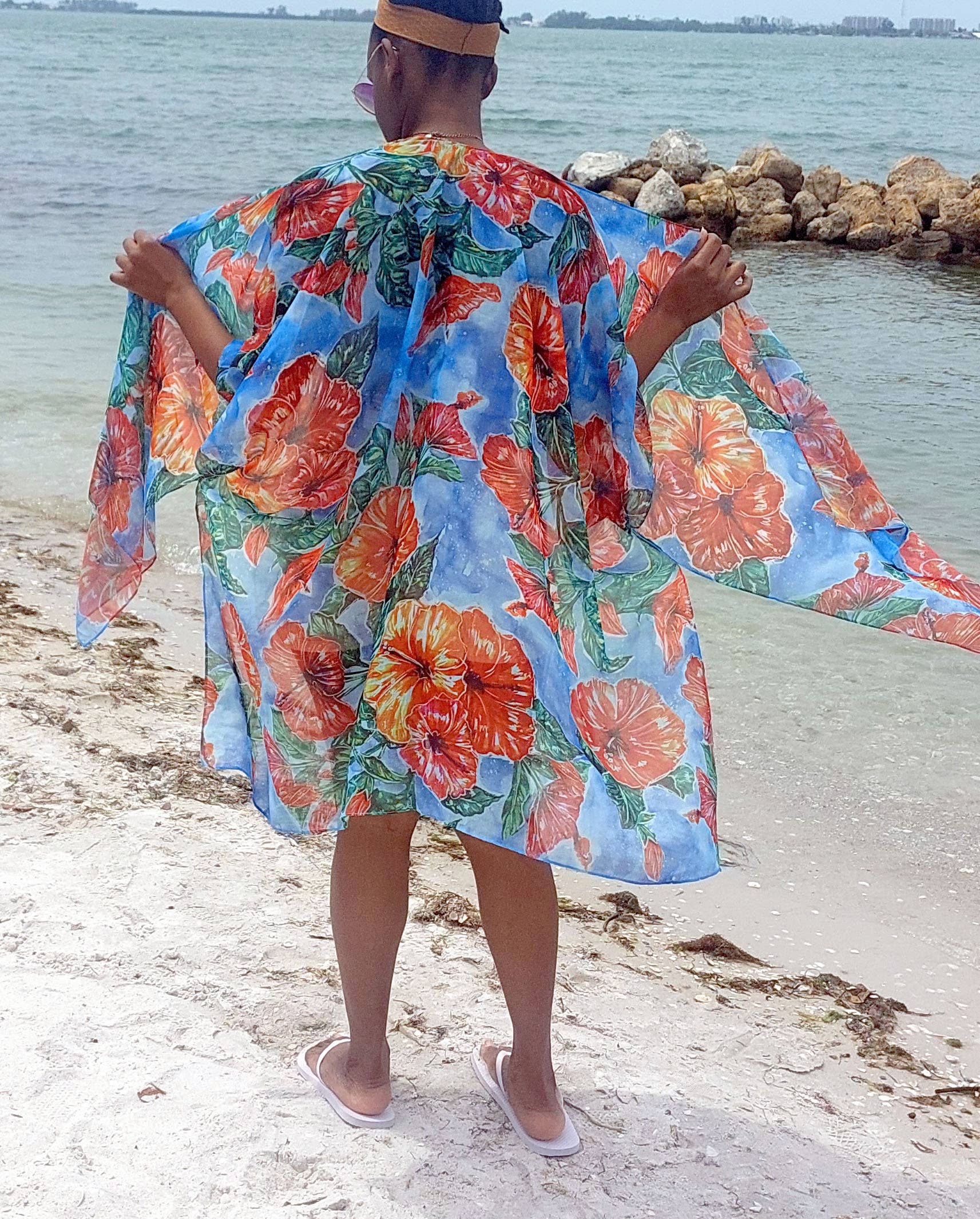 Ebonaiti - Wholesale Kimono - Women's - Hibiscus Kimono Beach Cover Caribbean tropical watercolor4