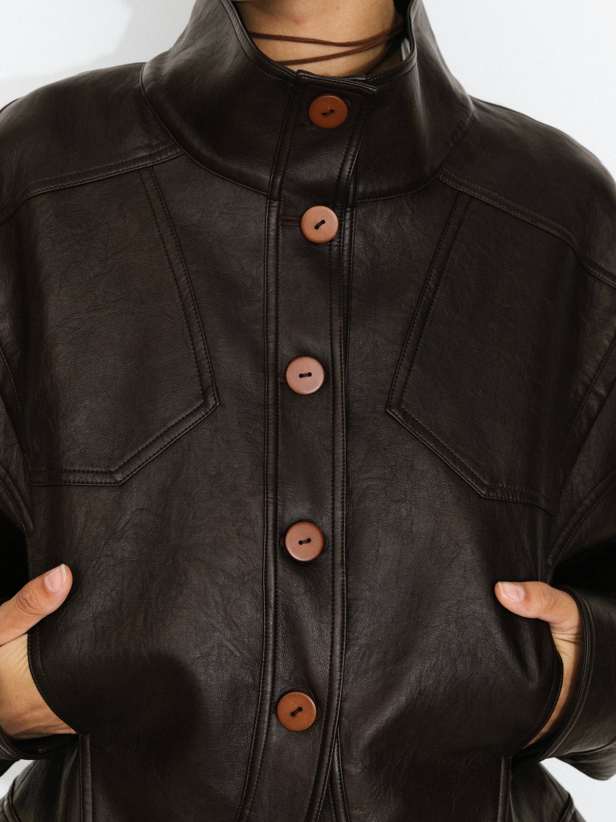 Brown Curved Sleeve Faux Leather Jacket for wholesale on Faire1