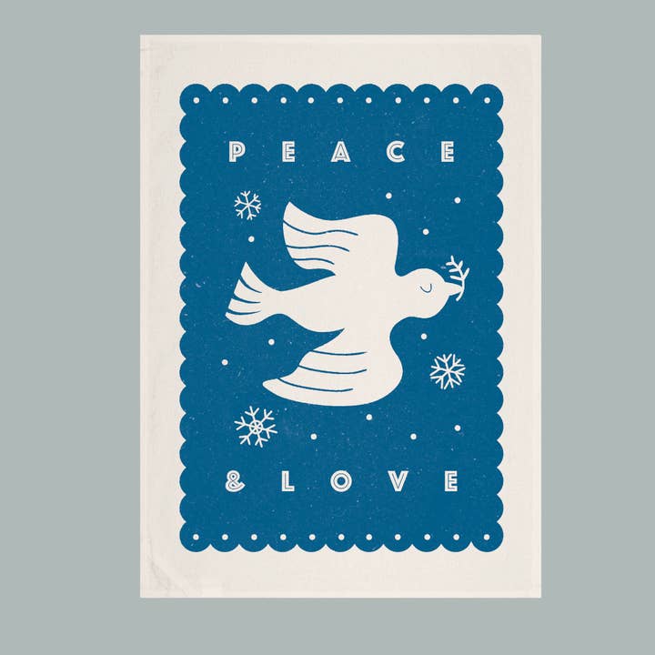 Festive Dove ‘Peace and Love’ Christmas teatowel for wholesale by The Creative Ox