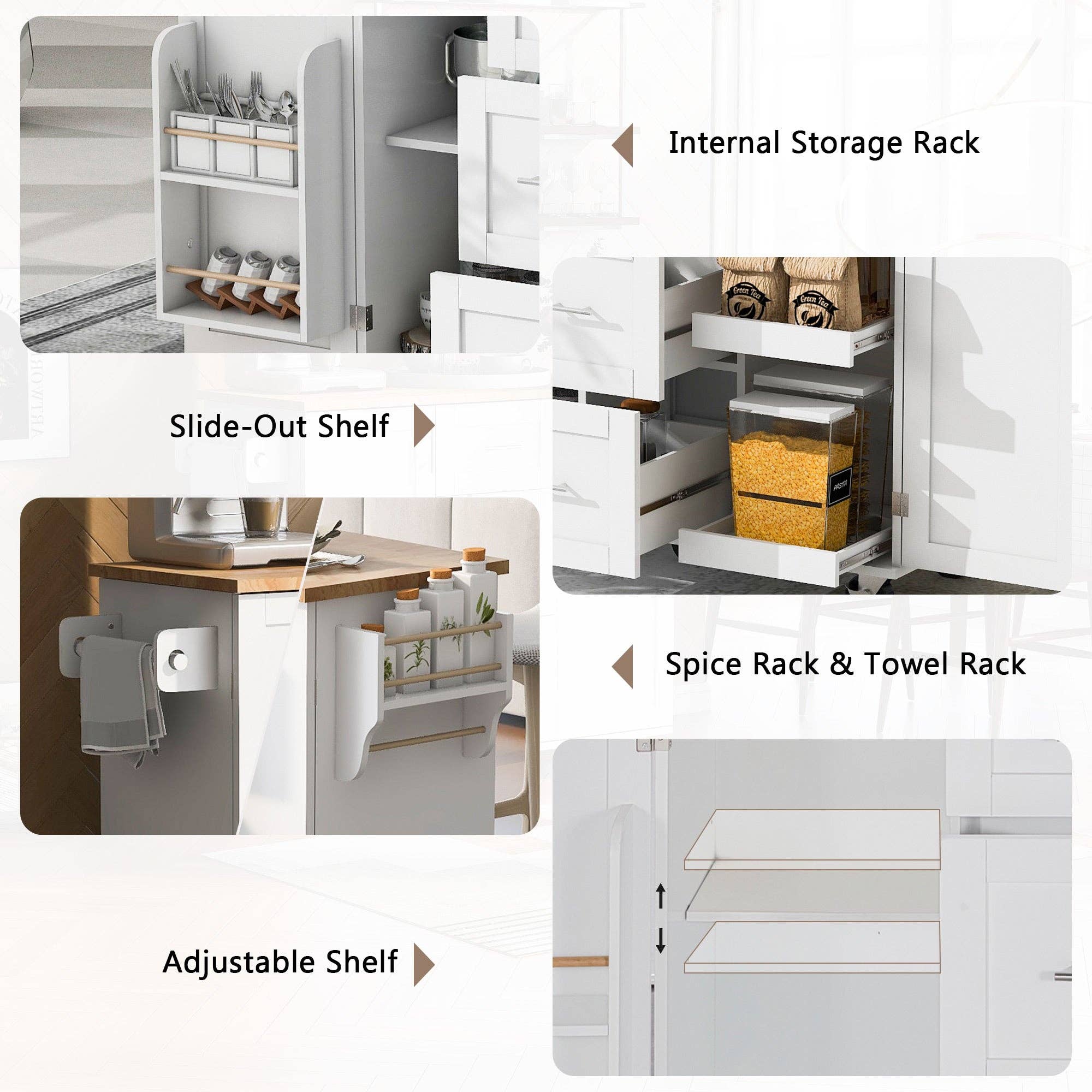 Orange County Decor - Wholesale Kitchen Storage/Organizer - K&K Rolling Kitchen Island With Storage, Kitchen Cart With Rubber Wood Top, 3 Drawer, 2 Slide Out Shelf And Internal Storage Rack, Kitchen Island On Wheels With Spice Rack & Tower Rack, White White6