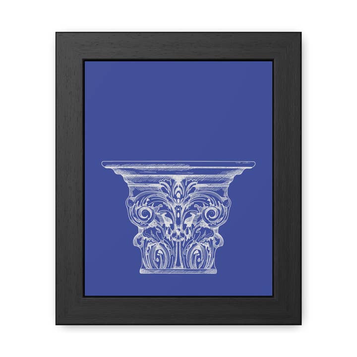 Greeked Out 1 - Elegant Architectural Framed Poster - Classic Column Design on Bold Blue Background for wholesale by Donkey Laserbeam
