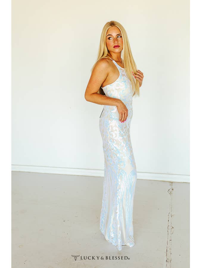 LUCKY & BLESSED - Vendita all'ingrosso Vestito - Donna - Maxi abito bianco in pizzo con paillettes iridescenti