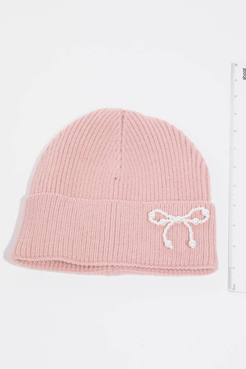Collections by Fame Accessories - Wholesale Beanie - Women's - Pearl Beaded Ribbon Bow Charm Knitted Beanie8