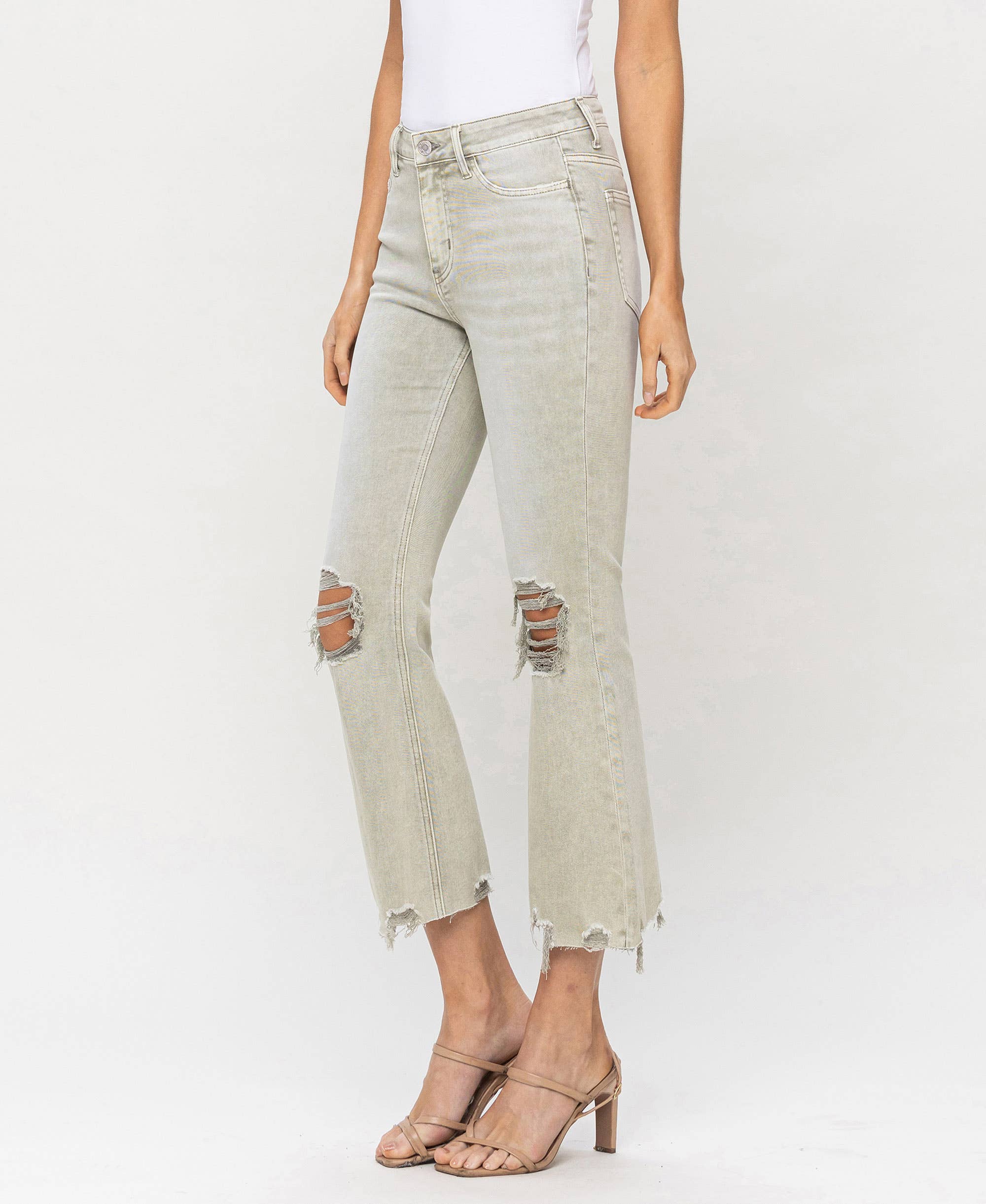 MOSS GREEN HIGH RISE DISTRESSED CROP FLARE JEANS T5773MG for wholesale on Faire5