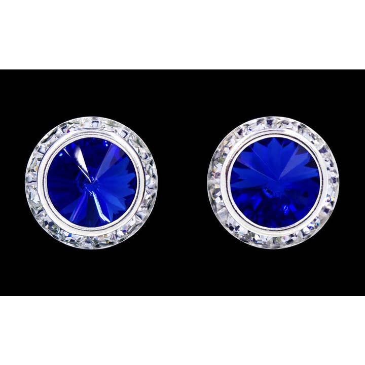 #12537 Sapphire 16mm Rondel with Rivoli Button Earrings for wholesale by Bridal Store Jewelry