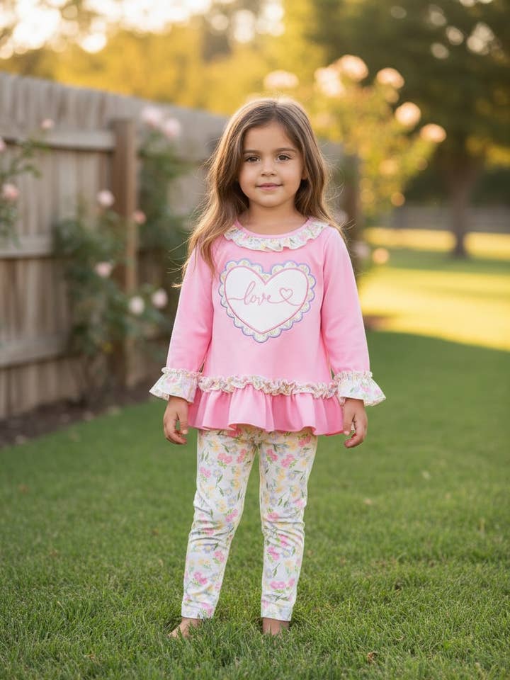 Haut à volants rose et leggings à fleurs. OFG60028 JEAN pour la vente par Kids Charm Online