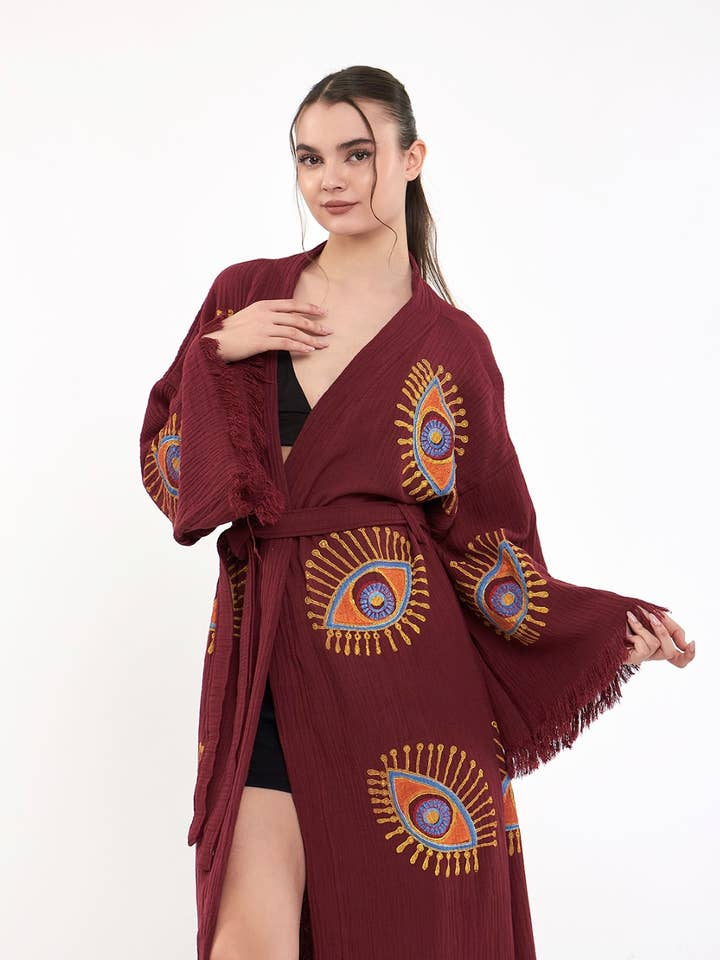 Yaz Concepts - Wholesale Kimono - Women's - Burgundy Evil Eye Print Bathrobe Festival Kimono Robe 6