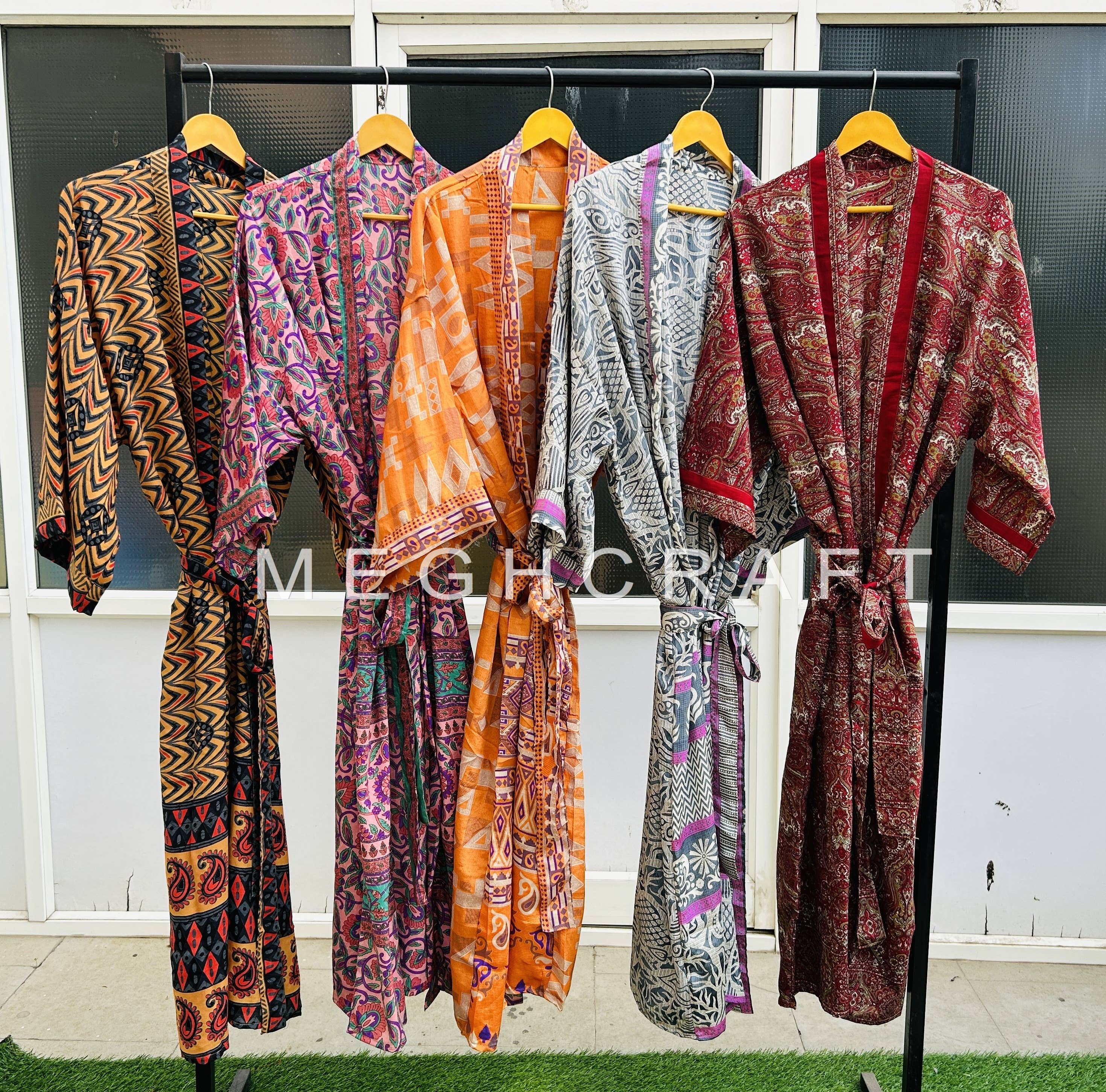 Meghcraft - Wholesale Kimono - Women's - Assorted Recycled Silk Sari Kimono Robe FREE SIZE3