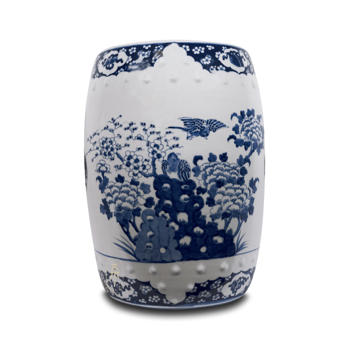 Asian Mix Interior - Vente Tabouret - Tabouret de jardin en céramique blanc et bleu fleurs et oiseaux3