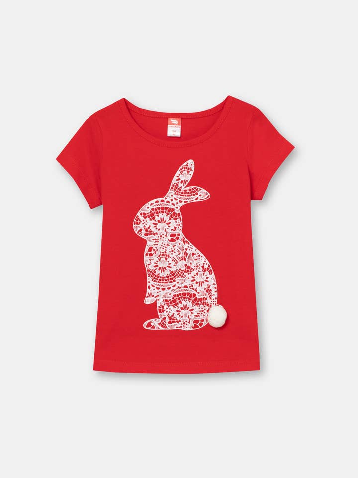 Girls Red T-shirt with Lace Rabbit Print for wholesale by Cherubino