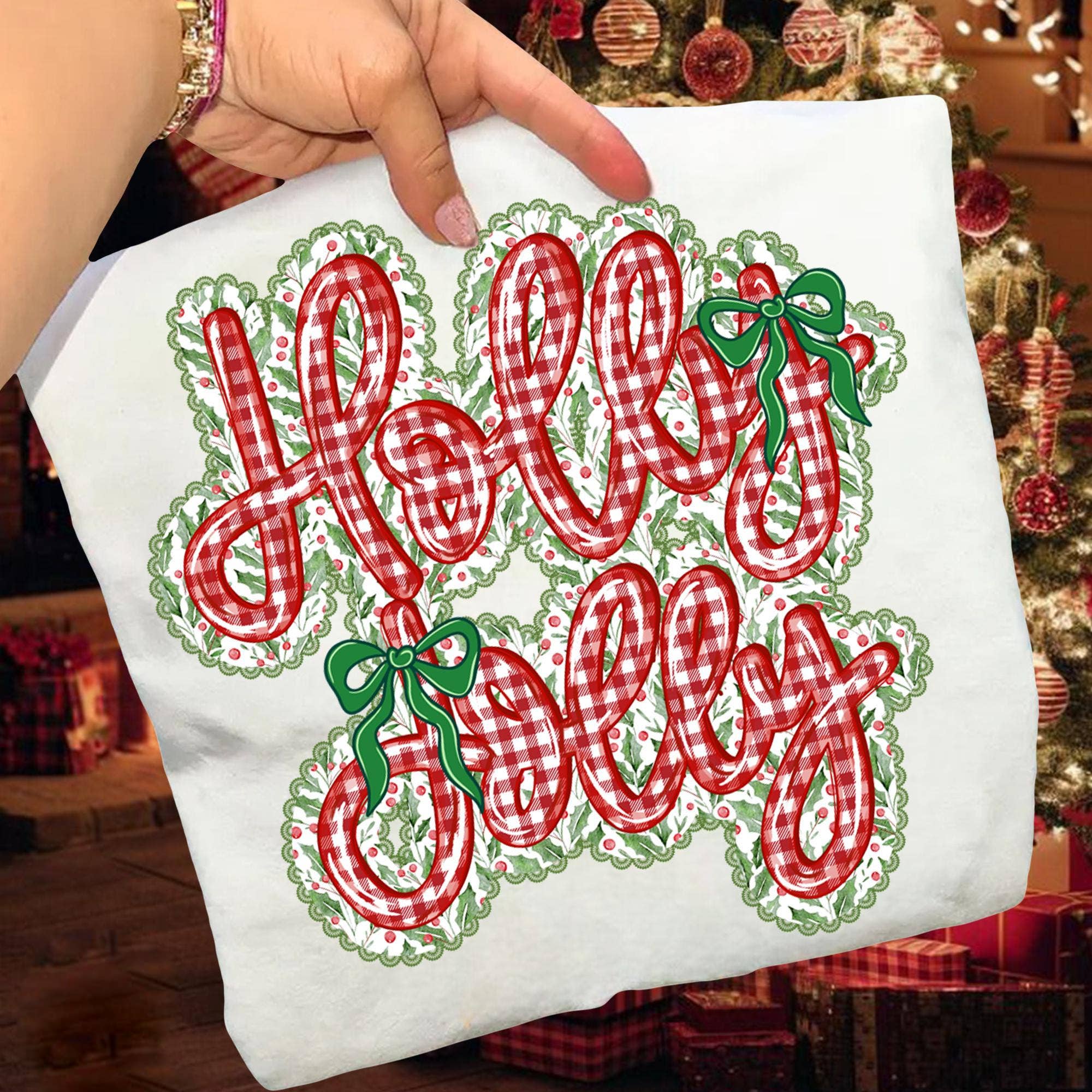 DLT Ecommerce - Vente T-shirt à imprimés – femme - Chemise preppy holly jolly, Sweat-shirt en dentelle de Noël2