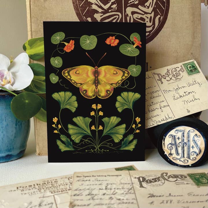 Folk Meadow - Wholesale Postcard - Night Garden Yellow Moth & Ginkgo Postcard : 5x7 1