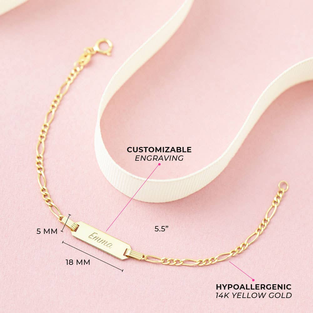 In Season Jewelry - Wholesale Link & Chain Bracelet - 14k Gold 5.5" Engravable ID Figaro Children's Bracelet2
